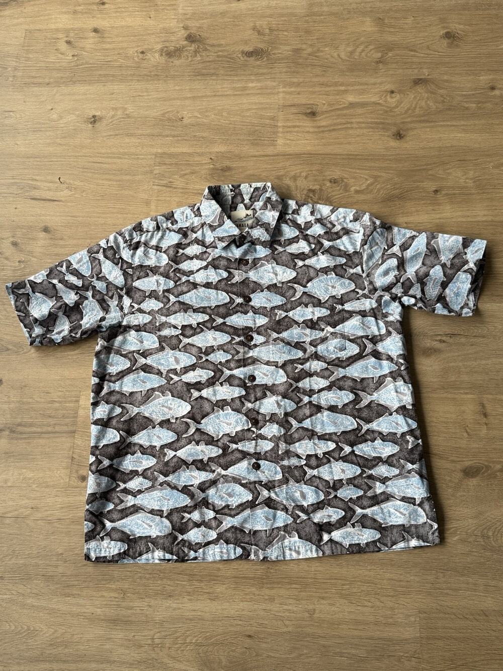 Kahala Hawaiian Shirt Mens XL Grey Blue Sea Tangle Allover Fish Print Resort